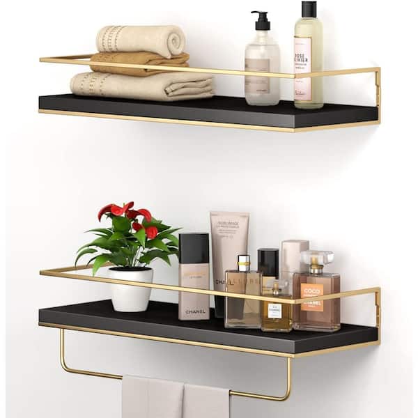 Aoibox 5.70 in. W x 15.70 in. D Black Plus Gold Wall Mounted Floating Shelf, Decorative Wall Shelf with Golden Towel Rack