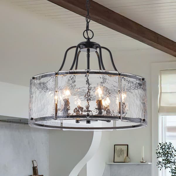 6-Light Matte Black Modern Farmhouse Drum Chandelier with Water Ripple Glass for Kitchen Island Dining Room Foyer
