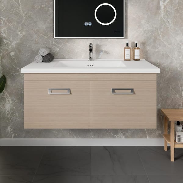 Eviva Orleans 38 in. Single Sink Floating Light Oak Bath Vanity with White Porcelain Top (Assembled)