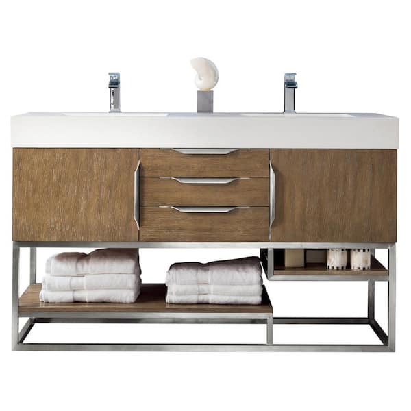 James Martin Vanities Columbia 59.0 in. W x 19.5 in. D x 36 in. H Double Bathroom Vanity in Latte Oak with Glossy White Composite Stone Top