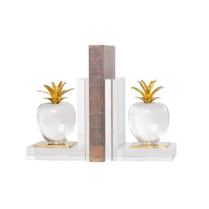 Clear Crystal Apple Fruit Bookends with Gold Leaves (Set of 2)