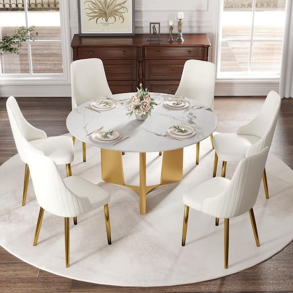 53 in. White Sintered Stone Tabletop with Gold Pedestal Base Dining Table (Seats 6)