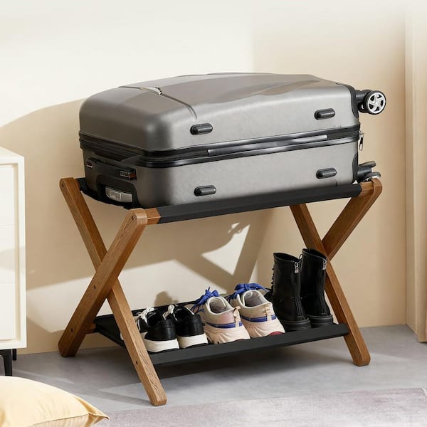 Numhew Heavy-Duty Walnut Folding Luggage Rack with Storage Shelf