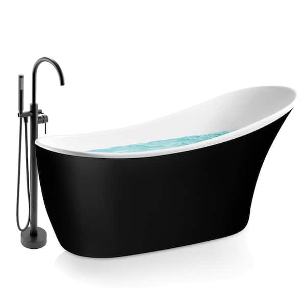 AKDY 53.9 in. Fiberglass Flatbottom Freestanding Bathtub with Tub Filler Combo in Glossy Black