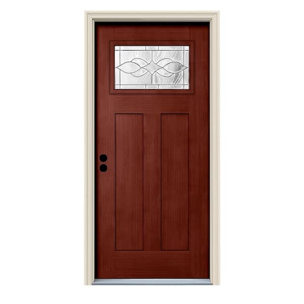 JELD-WEN 36 in. x 80 in. Black Cherry Right-Hand 1-Lite Craftsman Carillon Stained Fiberglass Prehung Front Door with Brickmould