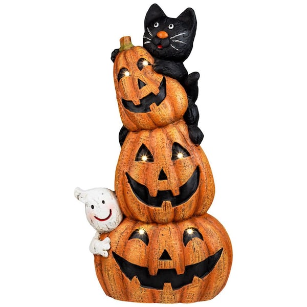 Lighted Stacked Jack-O-Lanterns with Ghost and Black Cat Halloween Decoration - 20 in. LED Clear Lights