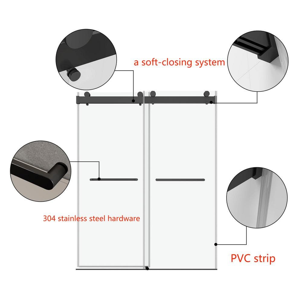 60" Matte Black Frameless Double Sliding Shower Door with Clear Glass