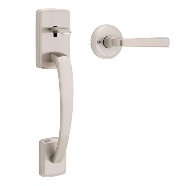 Brentford Satin Nickel Exterior Grip Door Handleset with Trafford Door Handle with Microban Antimicrobial Technology