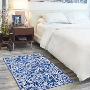Whimsicle Navy 3 ft. x 5 ft. Floral Contemporary Kitchen Area Rug