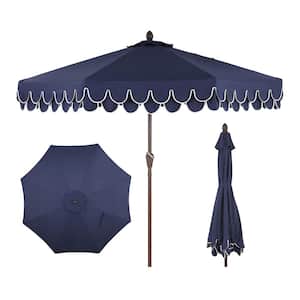 Tracy 9 ft. Scalloped Fringe Market Patio Umbrella with Auto-Tilt, Crank, Wind Vent and UV Protection in Navy/White