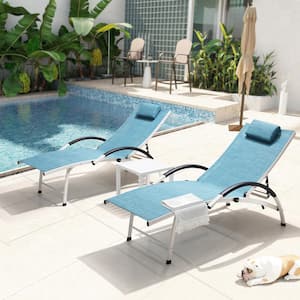 3-Piece Aluminum Adjustable Outdoor Chaise Lounge in Blue with Headrest and Aluminum Side Table
