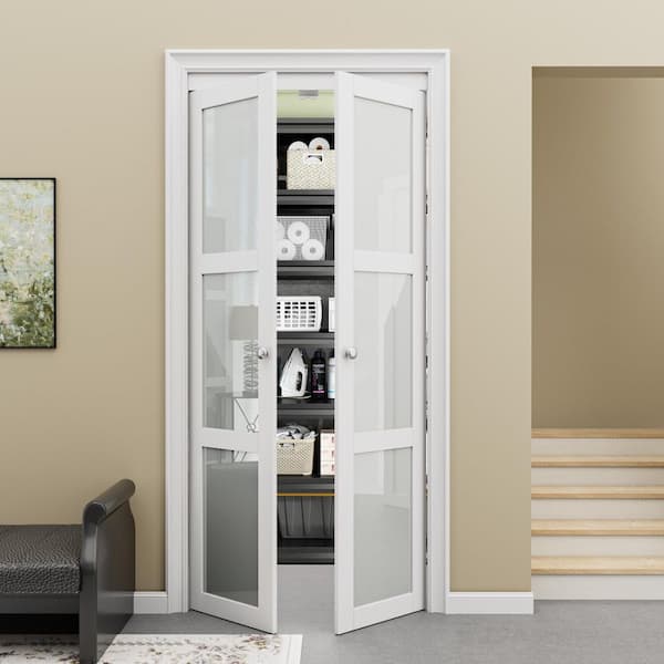 36 in. x 80 in. 3-Lite Frosted Glass Solid Core White Finished (Pivot French) Bi-fold Door with Pivot Hardware