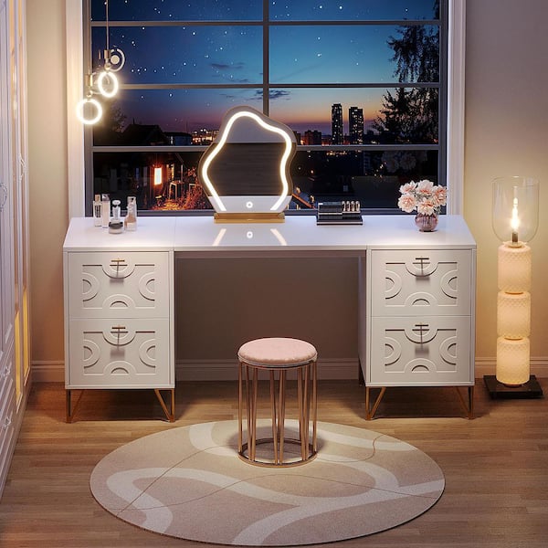 BYBLIGHT Helotes White Makeup Vanity Desk with 4-Drawers, 59 in. Large Dressing Table with Unique Metal Gold Legs (Only Desk)