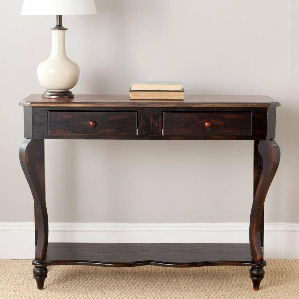 Transitional Dark Brown Birch Wood Console Table with Storage