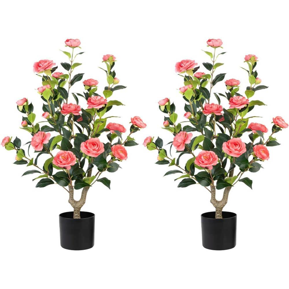 Artificial 5 ft. Camellia Tree in Pot, Realistic Pink Flower Faux