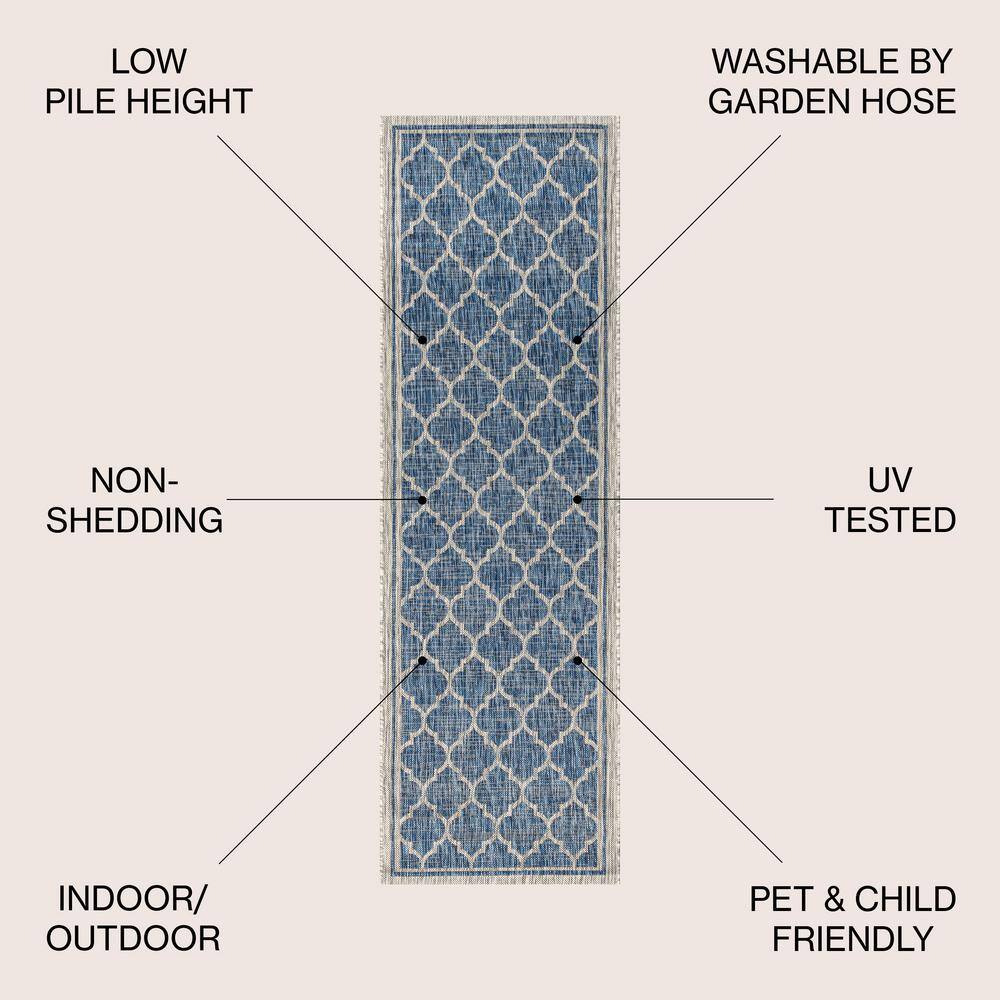 Navy and Gray Synthetic Moroccan Trellis Runner Rug, 2' x 10'