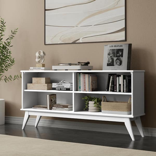 Simpli Home Draper 30 in. Tall White Solid Wood Mid Century Modern Mid Century Low Bookcase
