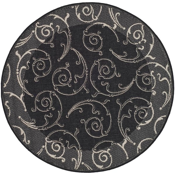 SAFAVIEH Courtyard Black/Sand 5 ft. x 5 ft. Round Border Indoor/Outdoor Patio  Area Rug