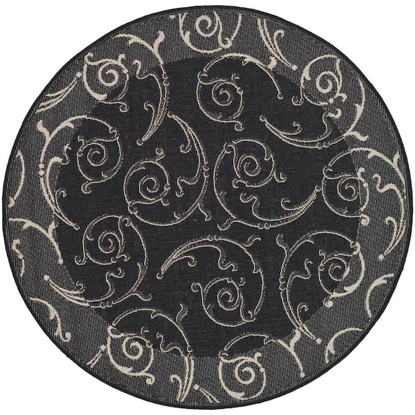 Courtyard Black/Sand 7 ft. x 7 ft. Round Border Indoor/Outdoor Patio  Area Rug