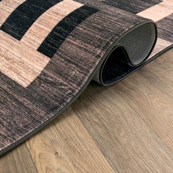 Color Block Black Machine Washable Non-Slip Backing Area Rug 9' x 12' Black