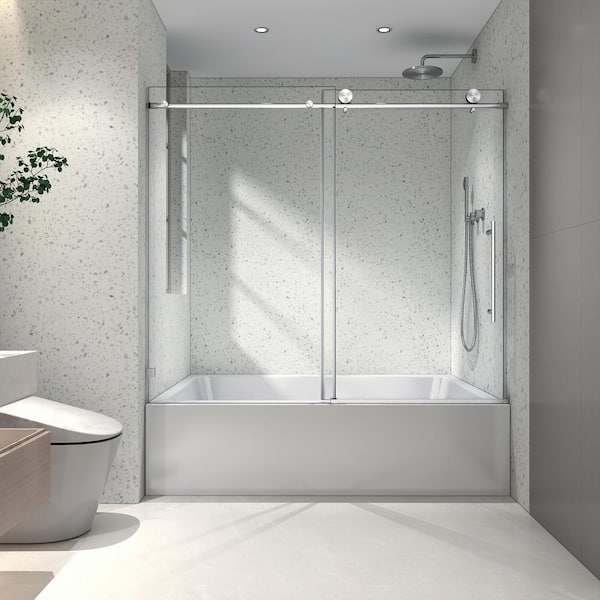55 in. to 60 in. W x 63 in. H Sliding Frameless Tub Door in Brushed Nickel Finish with Clear Glass