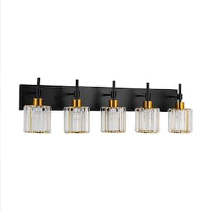 Orillia 33.07 in. 5-Light Black and Gold Crystal Bathroom Vanity Light with Round Shades for Bathroom Powder Room