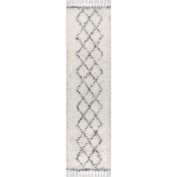 Mercer Shag Plush Tassel Moroccan Tribal Geometric Trellis Cream/Grey 2 ft. x 8 ft. Runner Rug