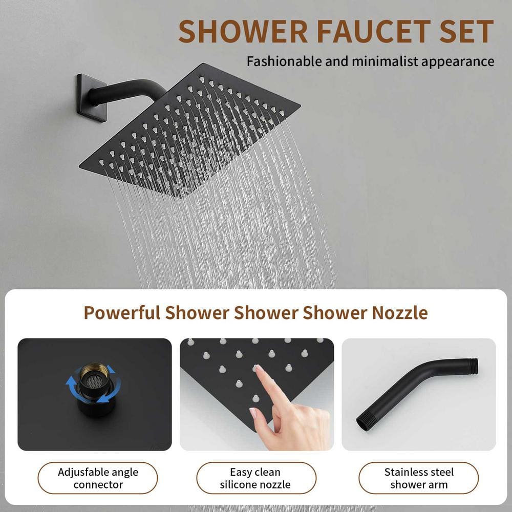 Matte Black Stainless Steel Square Rainfall Shower Faucet Set