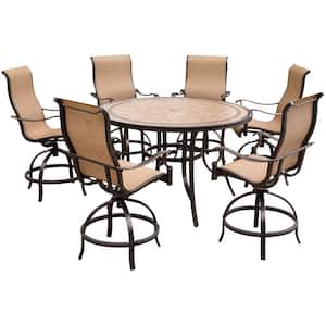 Monaco 7-Piece Aluminum Outdoor High Dining Set with Round Tile-top Table and Contoured Sling Swivel Chairs