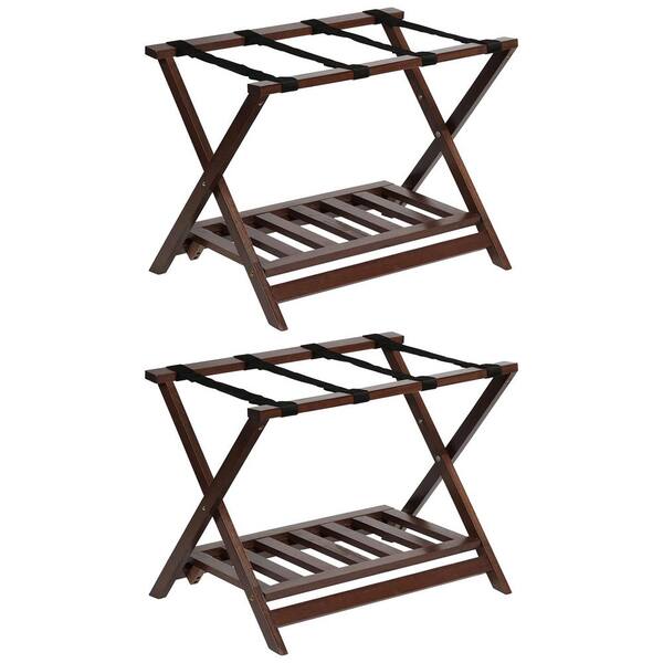 PJ wood Hotel Style Home Folding Suitcase Luggage Rack w/Shelf, Walnut (2-Pack)