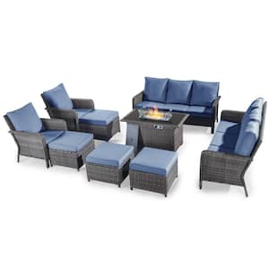 9-Piece Wicker Patio Rectangle Fire Pit Conversation Set with Blue Cushions