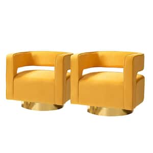 Bettina Golden Base Mustard Comfy Velvet Arm Barrel Chair with Open Back (Set of 2)