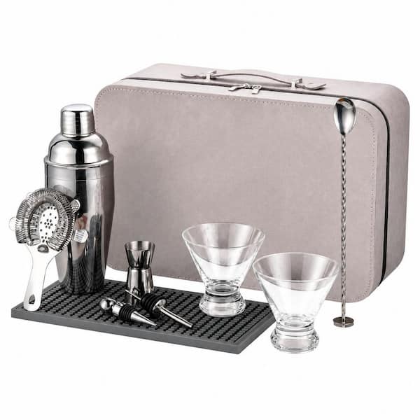 13-Piece Travel Martini Cocktail Shaker Set with 2 Glasses Recipe Cards and Leather Carry Case Tools