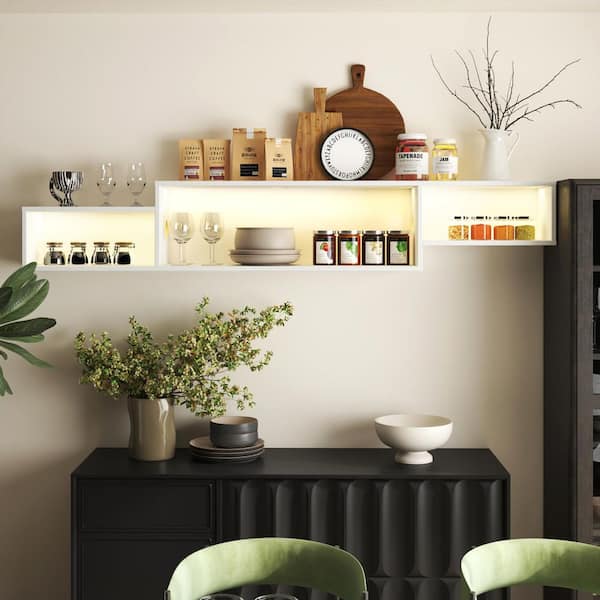 66 in. W x 10 in. D White Decorative Wall Shelf Floating TV Stand with 20 Color LEDs and Charging Station Storage Shelf