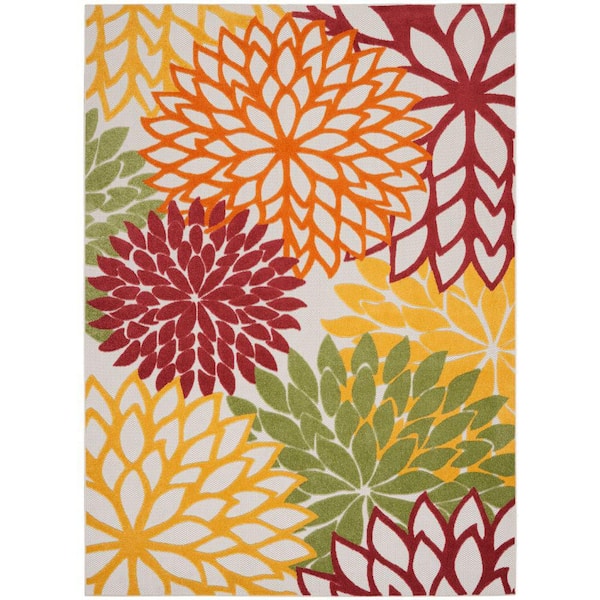 Aloha Red Multi Colored 7 ft. x 10 ft. Floral Contemporary Indoor/Outdoor Patio Area Rug