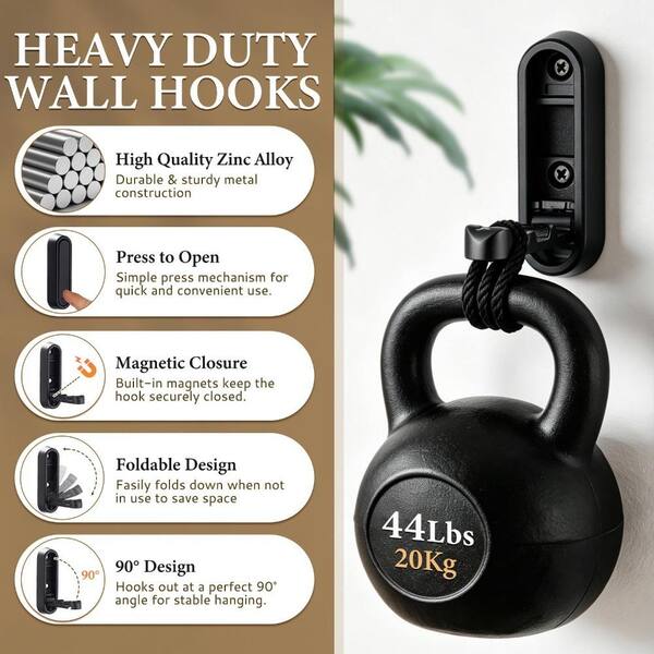 Tose 2 Pack Zinc 44 lbs. Weight Capacity Folding Wall Hooks, Black