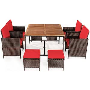 29.5 in. 9-Piece Wicker Square Outdoor Dining Set with Red Cushion
