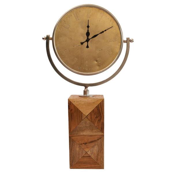 Yosemite Home Decor 26 in. x 12 in. Circular Metal with Wooden Block Base in Chrome Frame Table Clock