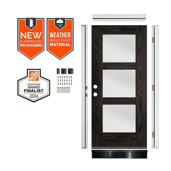 36in.x79in. 3-Lite RH Inswing Frosted Glass BabyGrand Stain Fiberglass AssemblyRequired FrontDoorKit w/QuickAssembleJamb