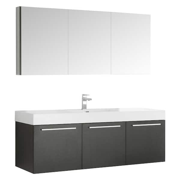 Fresca Vista 59 in. Vanity in Black with Acrylic Vanity Top in White with White Basin and Mirrored Medicine Cabinet