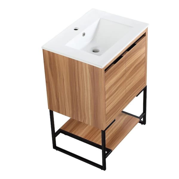 Unbranded 24 in. W x 18 in. D x 34.25 in. H Bath Vanity in Brown Wood Grain with White Ceramic Top