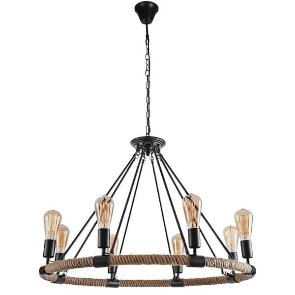 Y'INSP 8-Light Black Modern Farmhouse Mid-century Hemp Rope Wagon Wheel Chandelier with No Bulbs Included