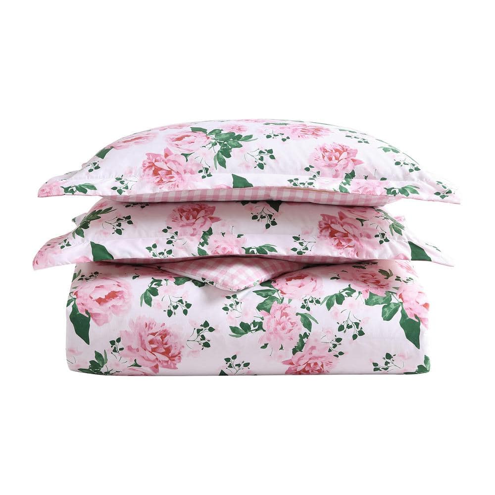 Twin Pink Cotton Floral Duvet Cover Set with Sham