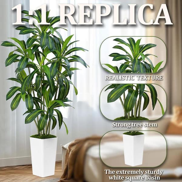 UUDULY 84.00 in Artificial Dracaena Tree in Tall White Planter with Silk Leaves, Real Touch Faux Indoor Outdoor Plant