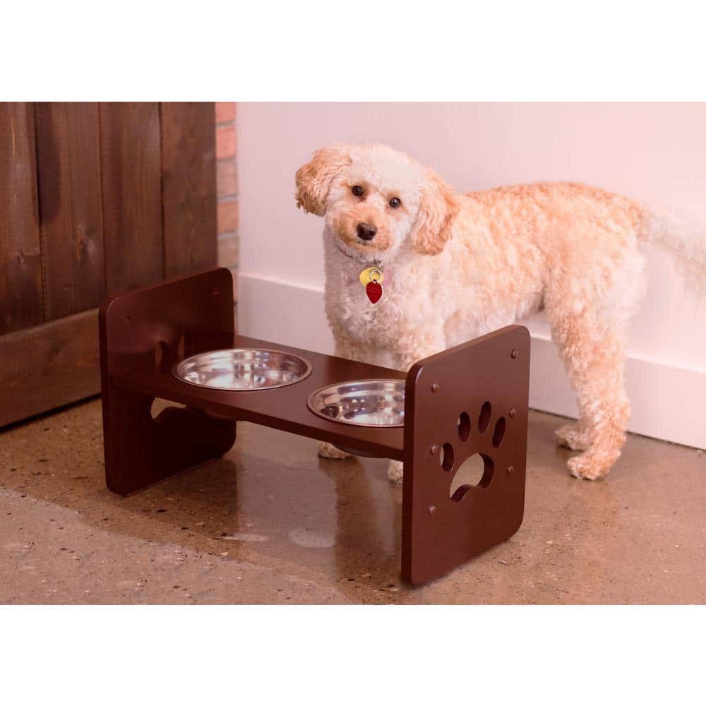 Adjustable Brown Elevated Pet Feeder with Stainless Steel Bowls