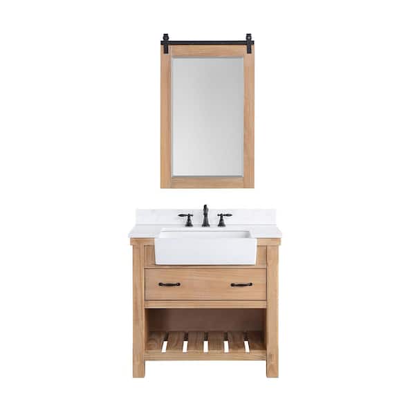 ROSWELL Villareal 36 in.W x 22 in.D x 34 in.H Single Farmhouse Bath Vanity in Weathered Pine with Composite Stone Top and Mirror