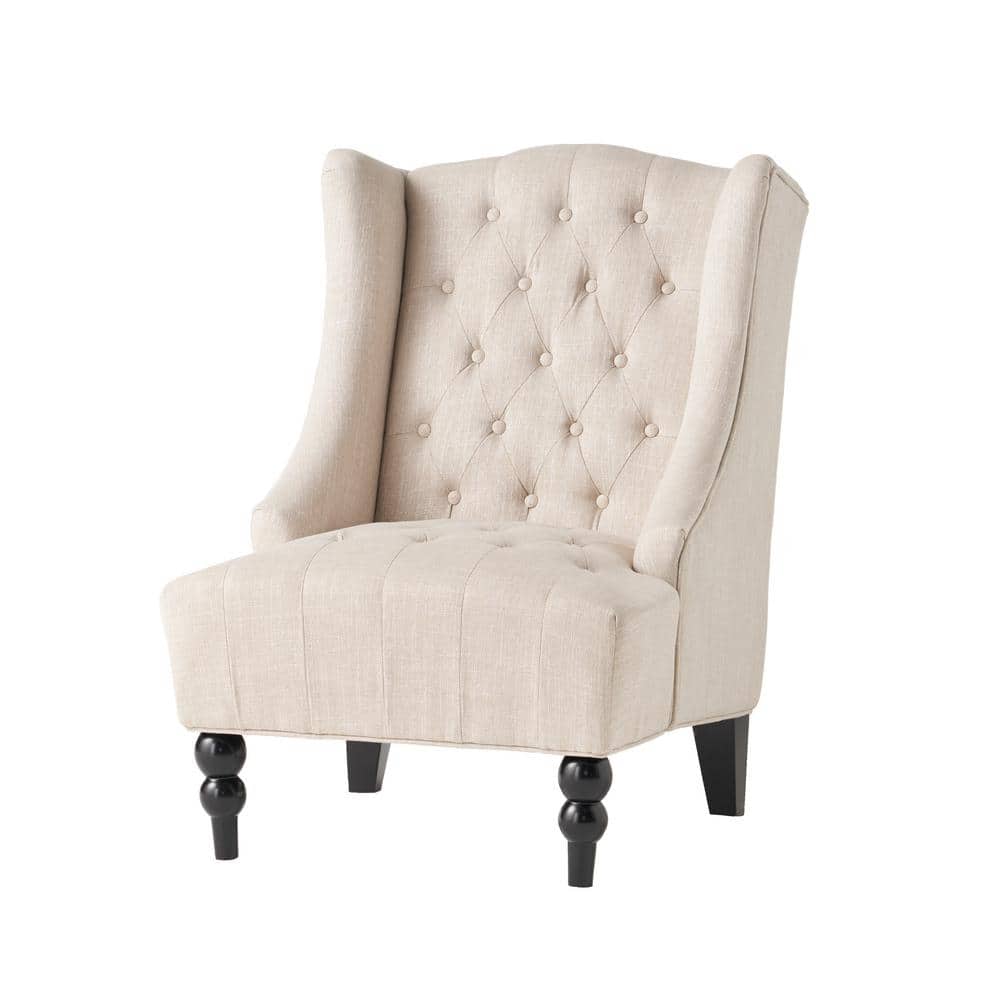Light Beige High Back Tufted Wood Accent Chair