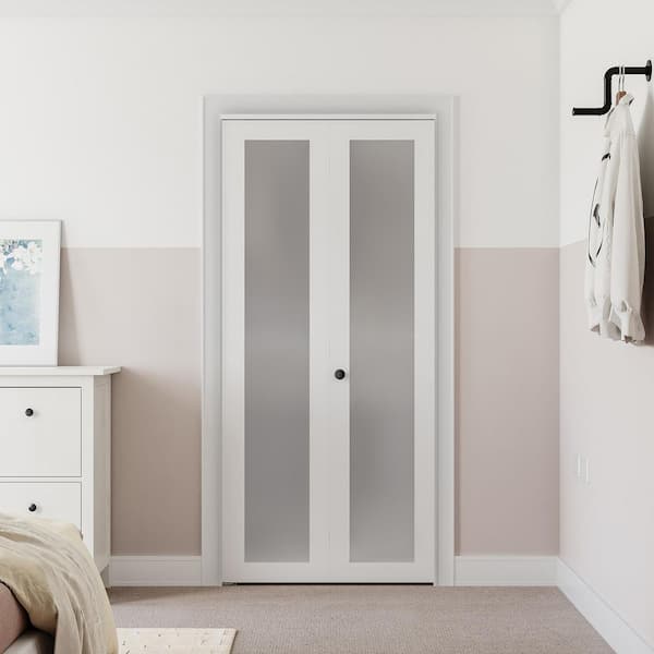36 in. x 78 in. 1-Lite Frosted Glass Solid Core White Finished MDF Interior Closet Bi-Fold Door with Hardware Kit