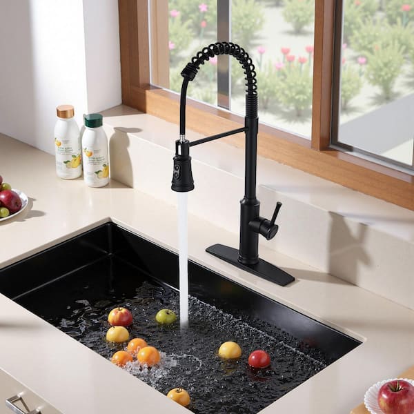 Single Handle Pull Down Sprayer Kitchen Faucet with Spring in Matt Black