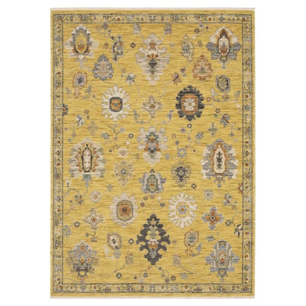 2' X 3' Yellow Ivory And Black Oriental Area Rug With Fringe